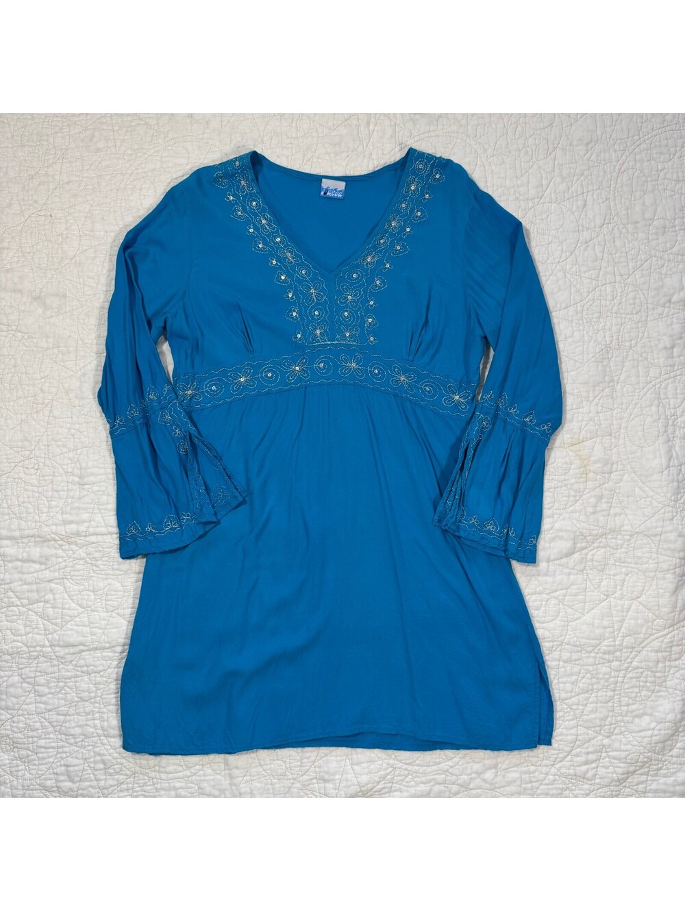 Vintage Blue Beach Tunic with White Floral Embroidery Size large